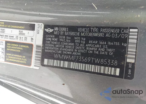 2009 Mini Cooper S S from USA, damaged, VIN WMWMF73569TW85338